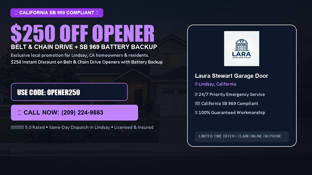 $250 OFF Smart Garage Door Opener Installation (Belt & Chain Drive with California SB 969 Battery Backup) in Lindsay, CA